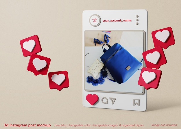 Maquete de conceito criativo 3D de post de quadro de aplicativos Instagram com notificações semelhantes