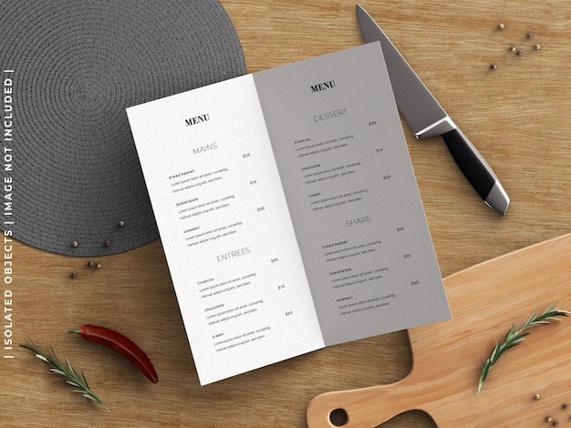 Maquete de conceito de menu de comida de restaurante e criador de cena com utensílios de cozinha planos isolados