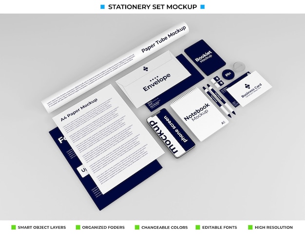 PSD maquete de conjunto de papelaria isolada