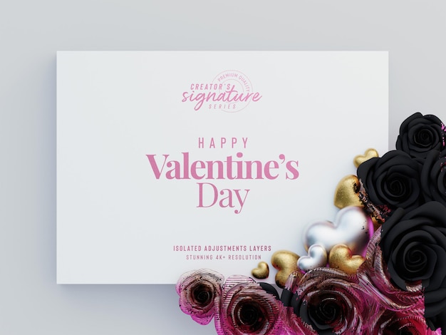 Maquete de convite de panfleto de dia dos namorados com rosas decorativas e corações de amor cena de paisagem