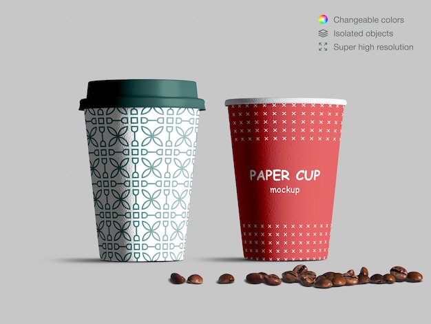 Maquete de copos de papel vista frontal realista com grãos de café