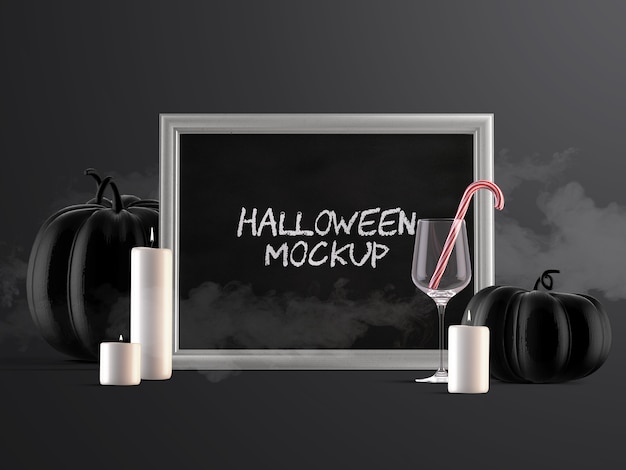 Maquete de decoração de evento de halloween com moldura horizontal, abóboras, doces e velas