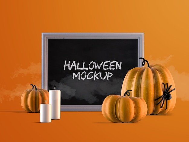 Maquete de decoração de evento de Halloween com moldura horizontal, abóboras e velas