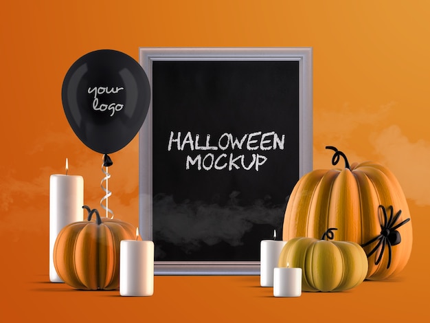 Maquete de decoração de evento de Halloween com moldura vertical, abóboras, balão de hélio e velas