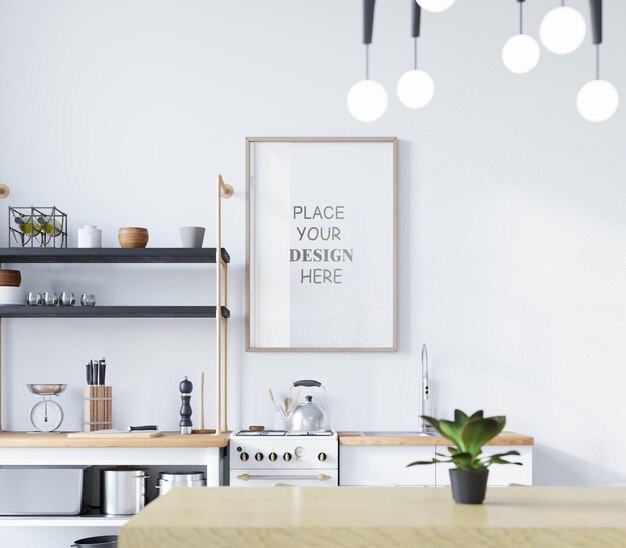 maquete de design de cartaz em cozinha minimalista moderna renderização 3D