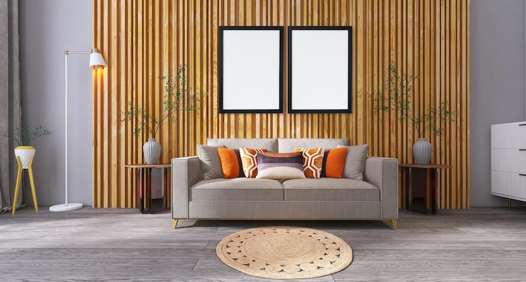 PSD maquete de duas molduras para fotos em design de interiores de sala de estar moderna com sofá, fundo de madeira