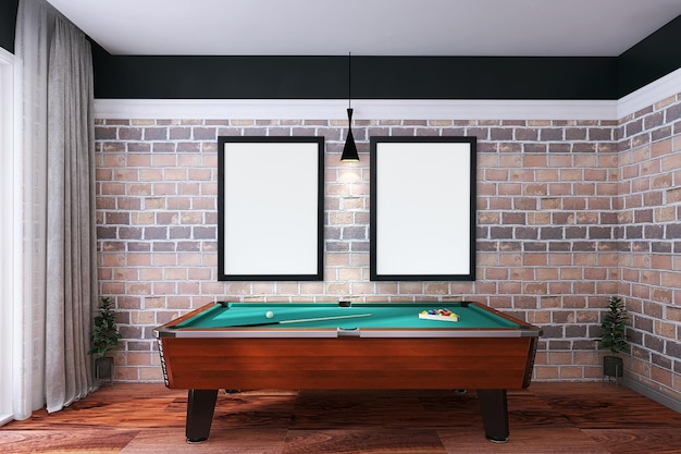 PSD maquete de duas molduras para fotos na cena interior da sala de estar moderna com mesa de bilhar, fundo de tijolos
