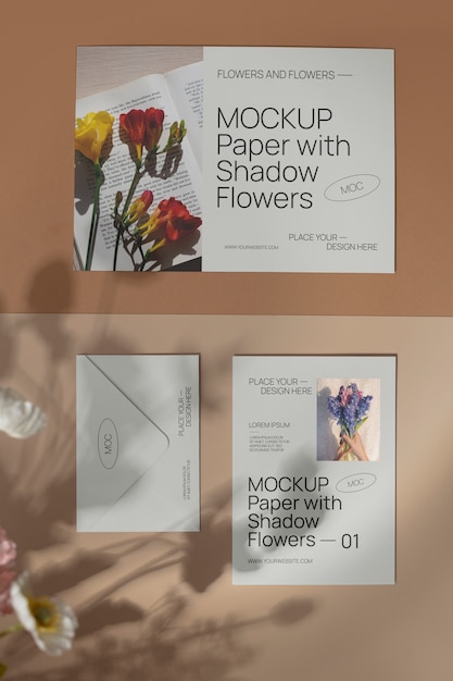 Maquete de elementos de papel com sombra de flor
