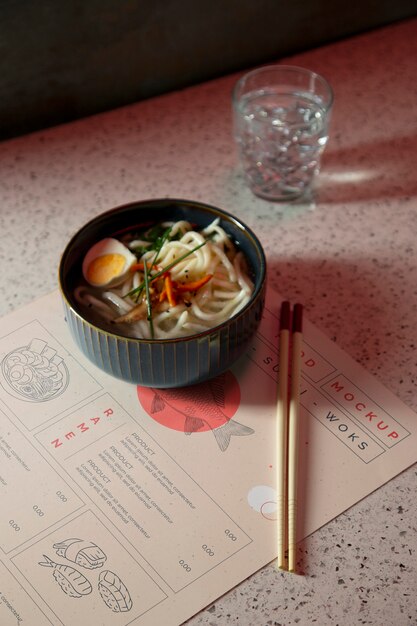 PSD maquete de elementos de restaurante japonês com comida tradicional