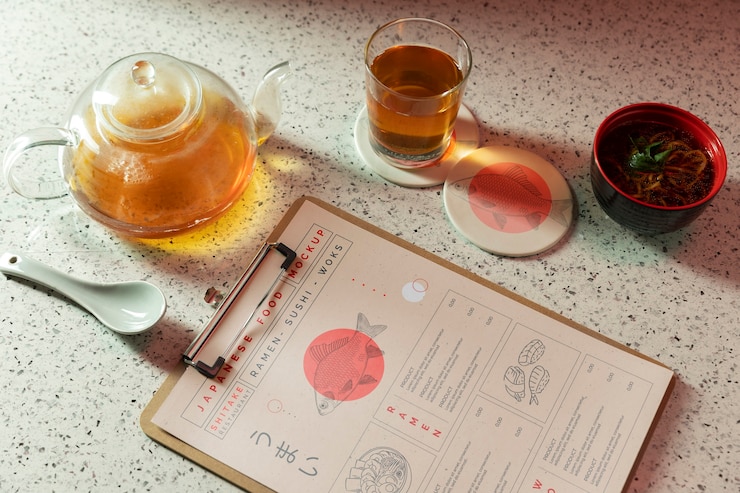 PSD maquete de elementos de restaurante japonês com comida tradicional