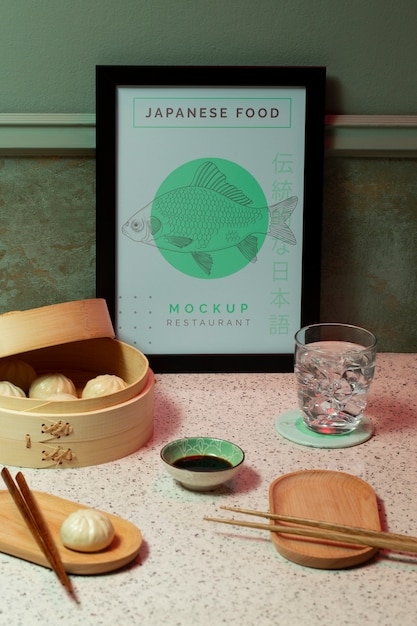 PSD maquete de elementos de restaurante japonês com comida tradicional