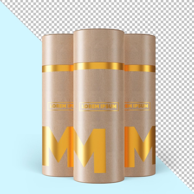 PSD maquete de embalagem com efeito dourado de tubo de papel artesanal