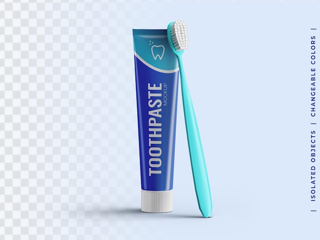 PSD maquete de embalagem de plástico do tubo de pasta de dente com vista frontal da escova de dente isolada