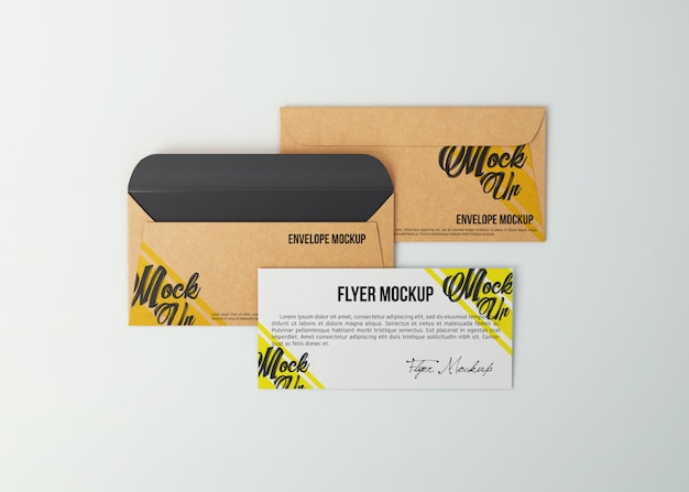 Maquete de envelopes de papel kraft e panfleto