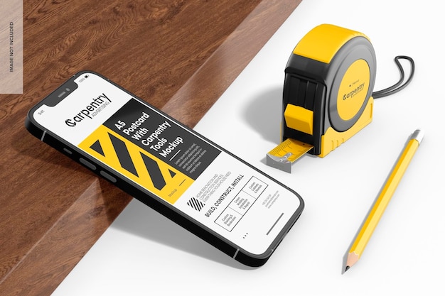 Maquete de ferramentas de carpintaria e smartphone, inclinada