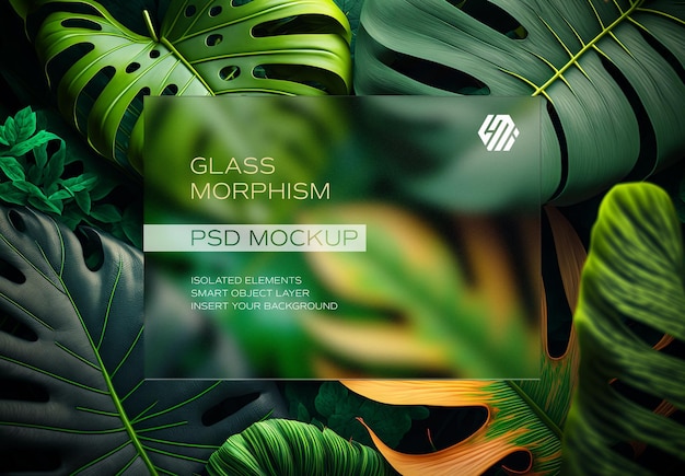 PSD maquete de folhas tropicais de retângulo de morfismo de vidro