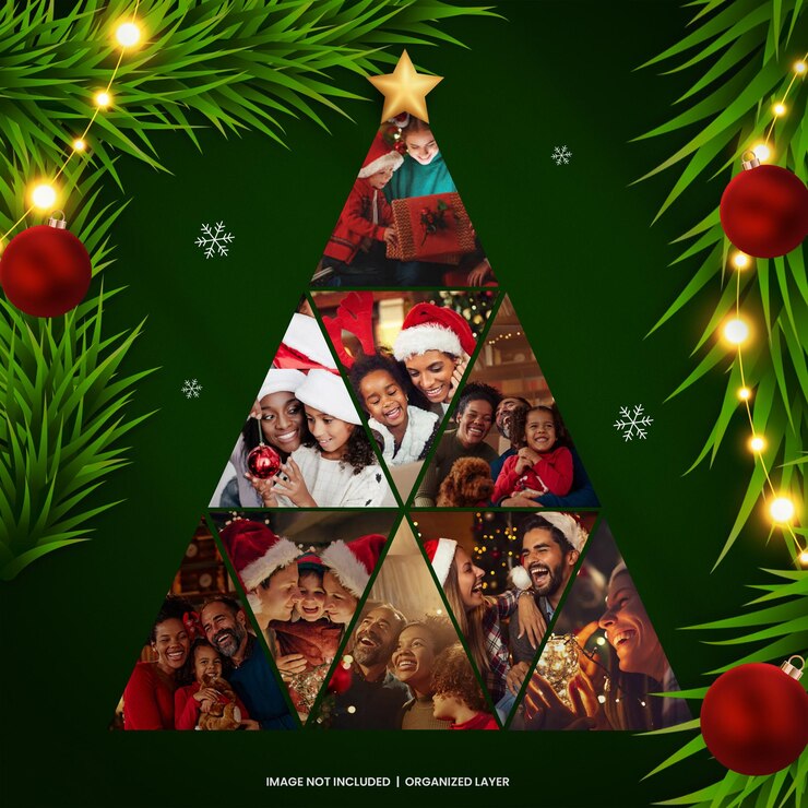 PSD maquete de foto de colagem de triângulo de árvore de natal