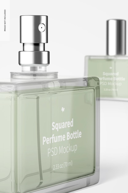 Maquete de frasco de perfume quadrado, close-up