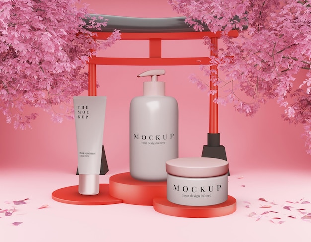 Maquete de frasco e tubo de sabonete para a pele do pacote de beleza com fundo japonês