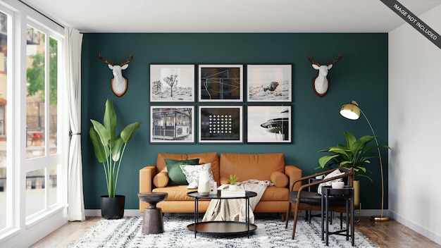 Maquete de galeria com fundo de parede verde e plantas
