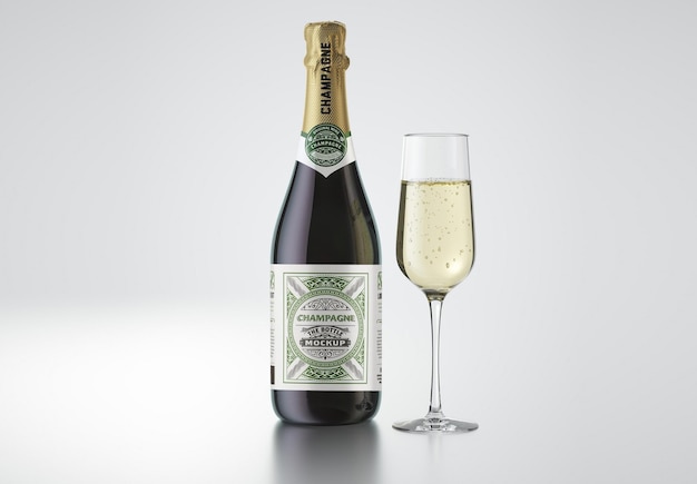 Maquete de garrafa de champanhe com vidro