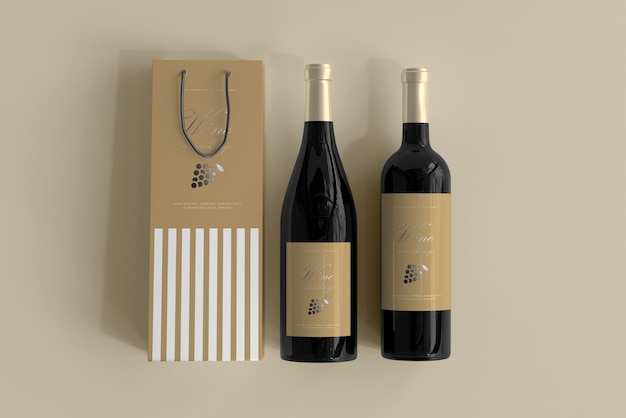 Maquete de garrafa de vinho com bolsa