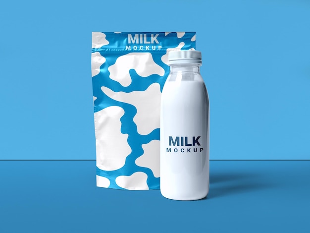 Maquete de garrafa e pacote de leite de plástico modelo de design psd mockup
