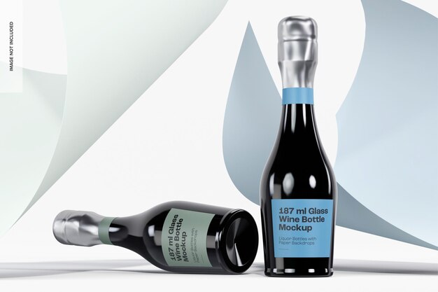 Maquete de garrafas de vinho de vidro de 187 ml, em pé e caída