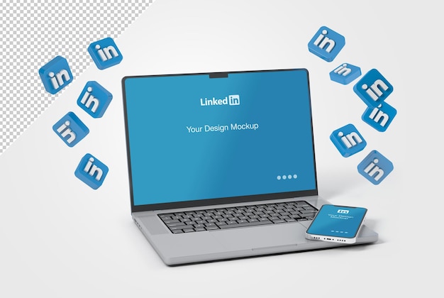 Maquete de ícones do Linkedin voando em torno de um laptop e smartphone