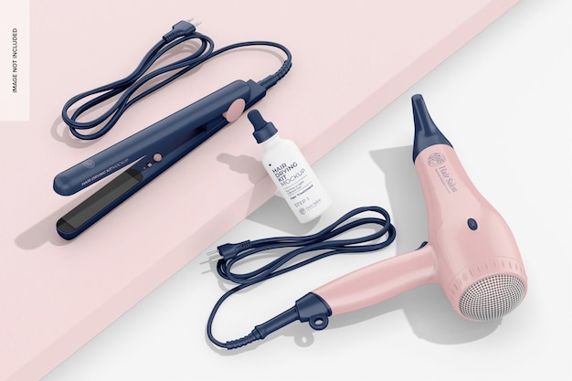Maquete de kit de secagem de cabelo na superfície