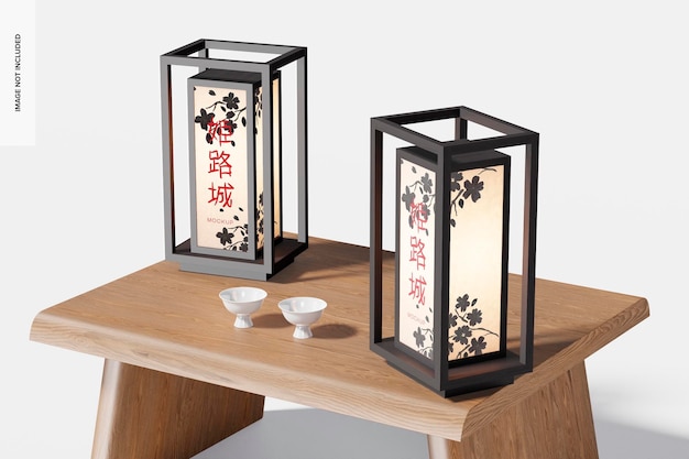Maquete de lâmpadas japonesas de papel, na mesa