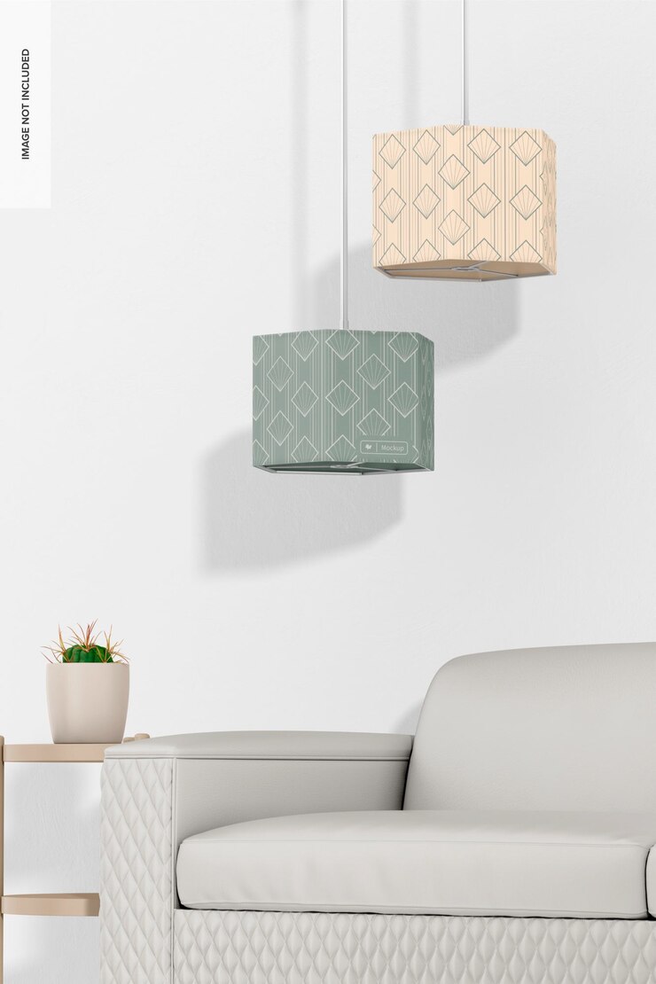 Maquete de lâmpadas pendentes hexagonais, com sofá