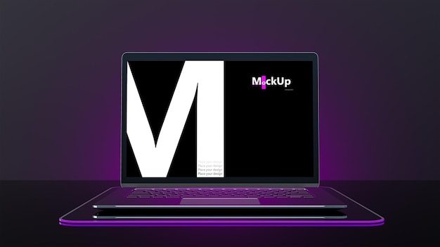 Maquete de laptop metálico em suporte e borda de luz magenta led colocada em fundo preto