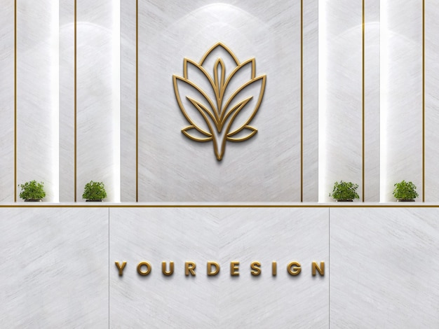 Maquete de logotipo 3d dourado no pano de fundo da parede de mármore branco e mesa de recepção