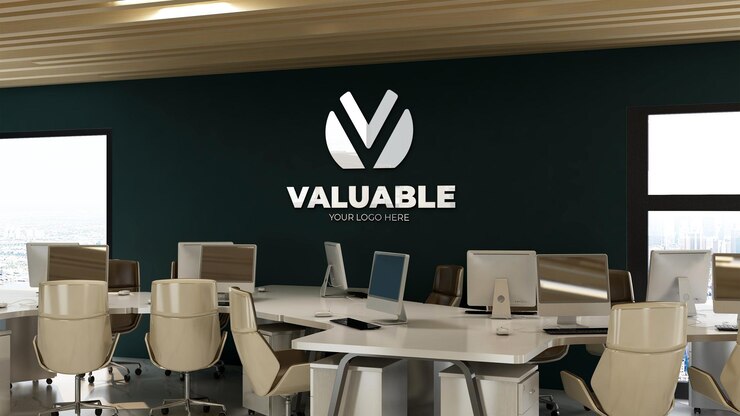 Maquete de logotipo 3D realista no espaço de trabalho do escritório