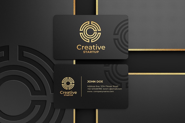 PSD maquete de logotipo de cartão de visita preto de luxo com efeito dourado e gravado
