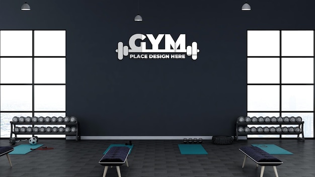 Maquete de logotipo de ginástica ou fitness com interior de design de ginásio de luxo