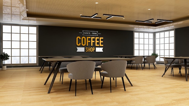 Maquete de logotipo de parede 3D no café ou restaurante com mesa e cadeira
