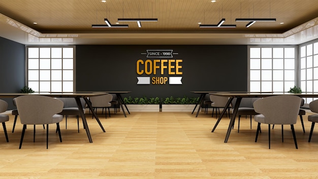 Maquete de logotipo de parede 3D no café ou restaurante com mesa e cadeira
