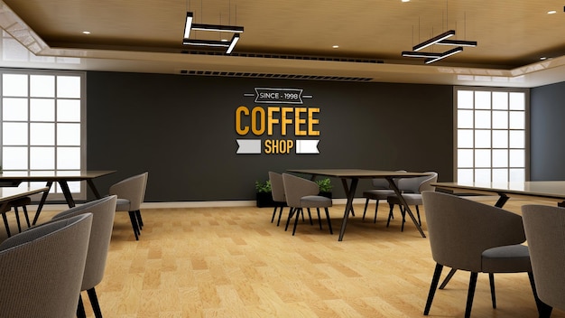 Maquete de logotipo de parede 3D no café ou restaurante com mesa e cadeira