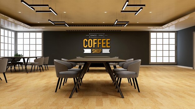 Maquete de logotipo de parede 3D no café ou restaurante com mesa e cadeira