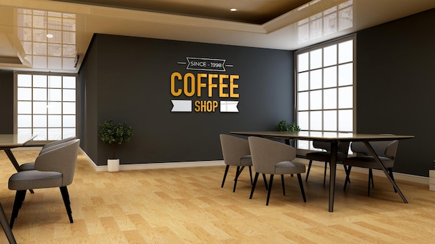 Maquete de logotipo de parede 3D no café ou restaurante com mesa e cadeira