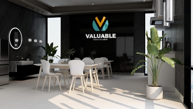 maquete de logotipo de parede 3d realista na sala do restaurante do escritório