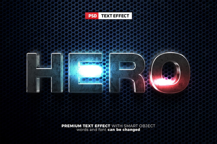 PSD maquete de logotipo de parede de efeito de texto editável de herói de metal escuro 3d
