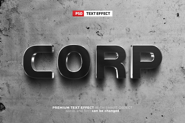 Maquete de logotipo de parede de efeito de texto editável em 3d de metal prateado preto corp