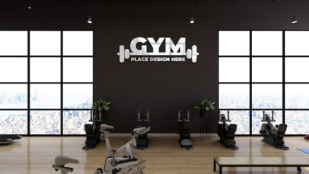 Maquete de logotipo esportivo de parede de academia ou sala de ginástica moderna para branding