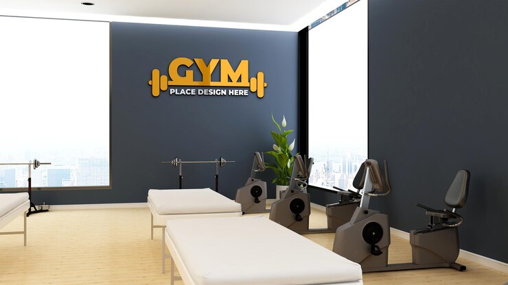 Maquete de logotipo interior de ginásio moderno com equipamento