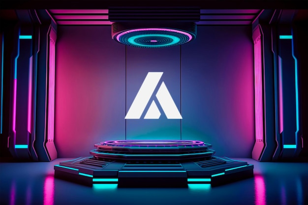 Maquete de logotipo neon futurista fundo de ficção científica