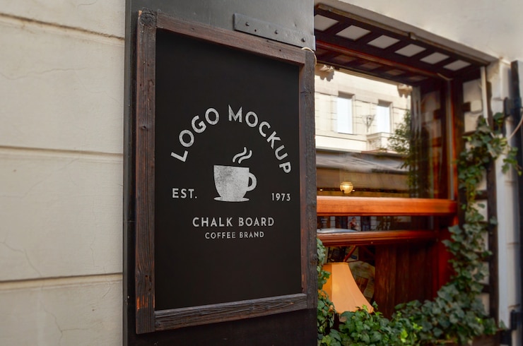 PSD maquete de logotipo no quadro de giz na entrada do café