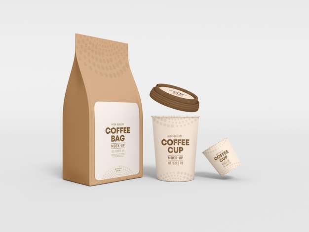 Maquete de marca de xícara de café de papel e saco de café para viagem